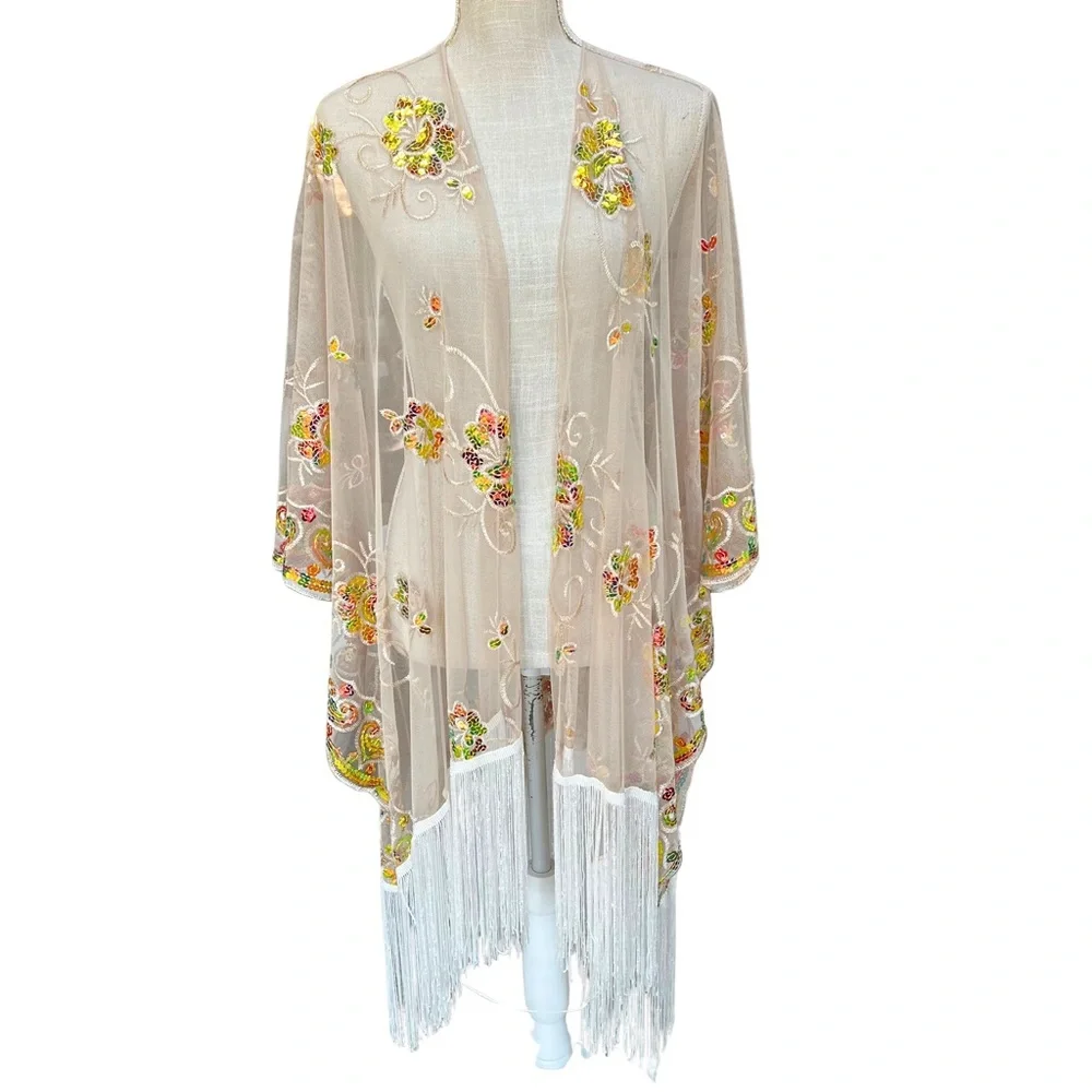 NWT Antthony Sheer Kimono with Multicolor Embroidery and Sequins - Picture 1 of 9